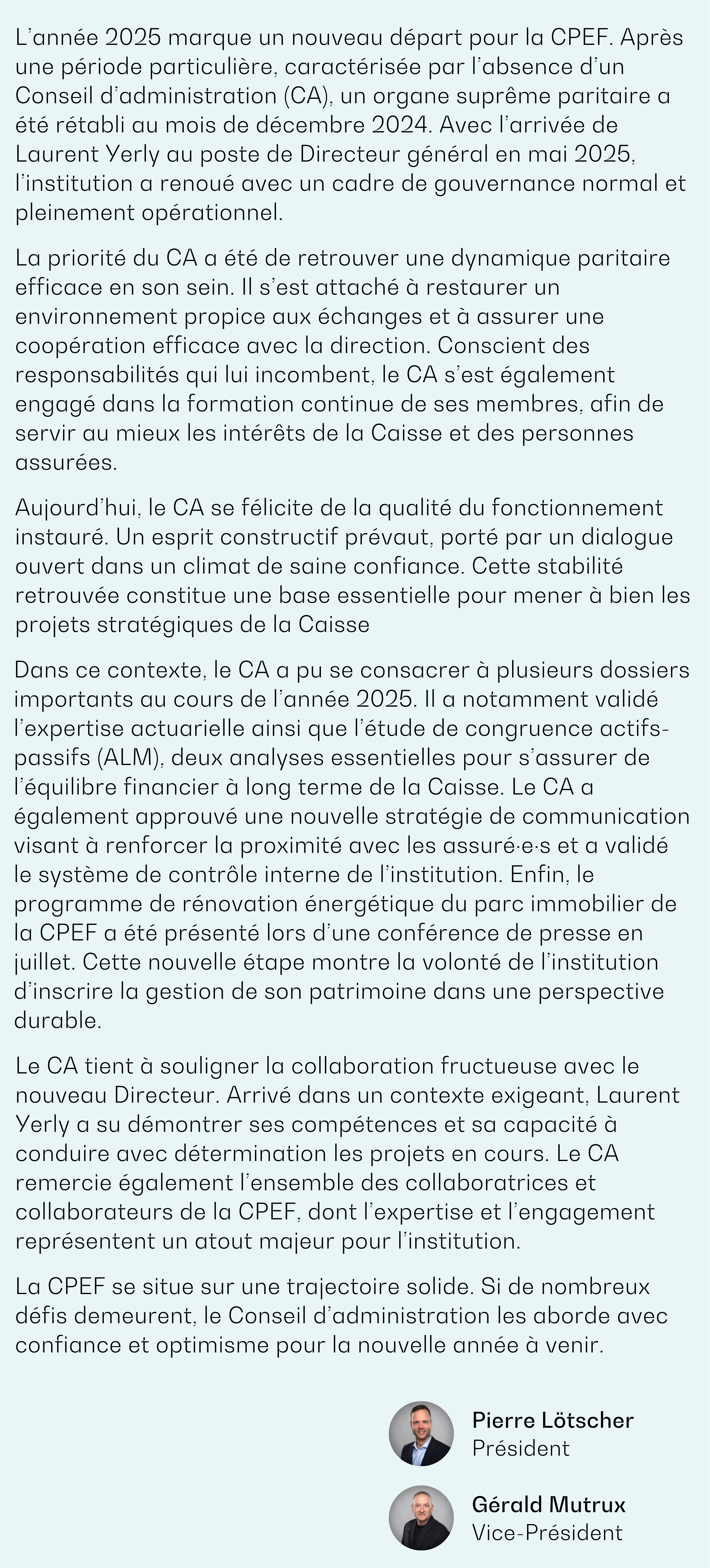 Message du Conseil d'administration